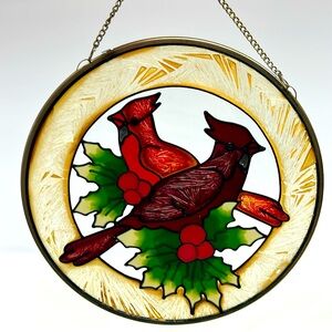 Vintage 7” painted stained  glass “style” Cardinal & holly berries   sun catcher